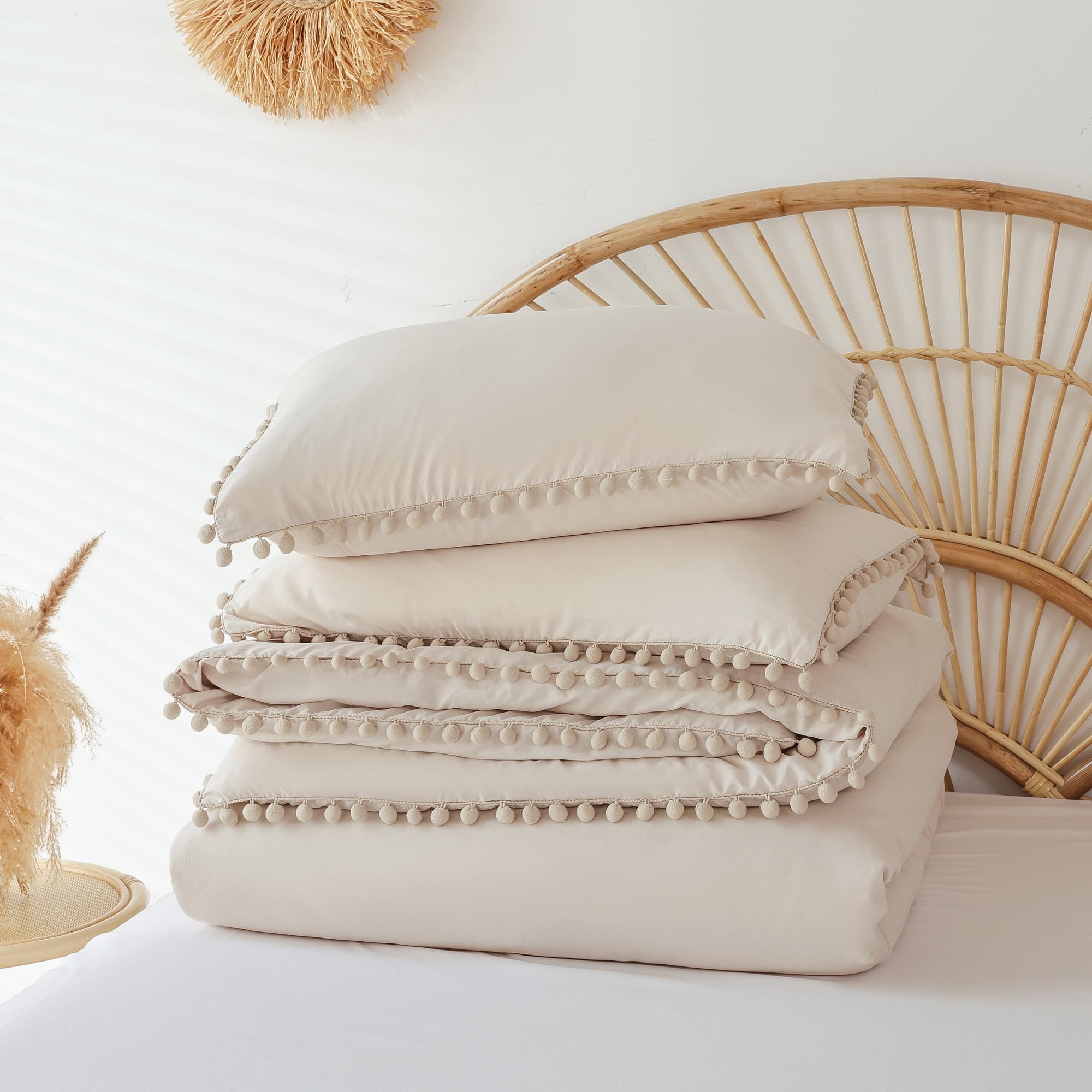 YIRDDEO YIRDDEO Queen Comforter Set Soft Bedding 3 Pieces with Ball Pom Fringe All Seasons Beige 90x90 Comforter and 2 Pillow Shams - View 6 of 7