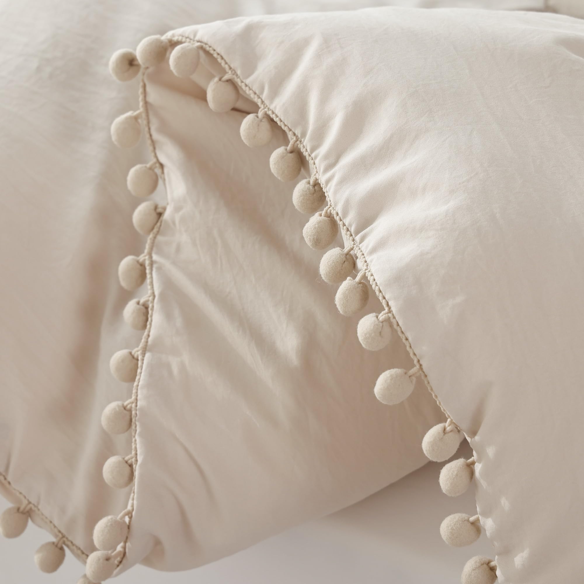 YIRDDEO YIRDDEO Queen Comforter Set Soft Bedding 3 Pieces with Ball Pom Fringe All Seasons Beige 90x90 Comforter and 2 Pillow Shams - View 7 of 7