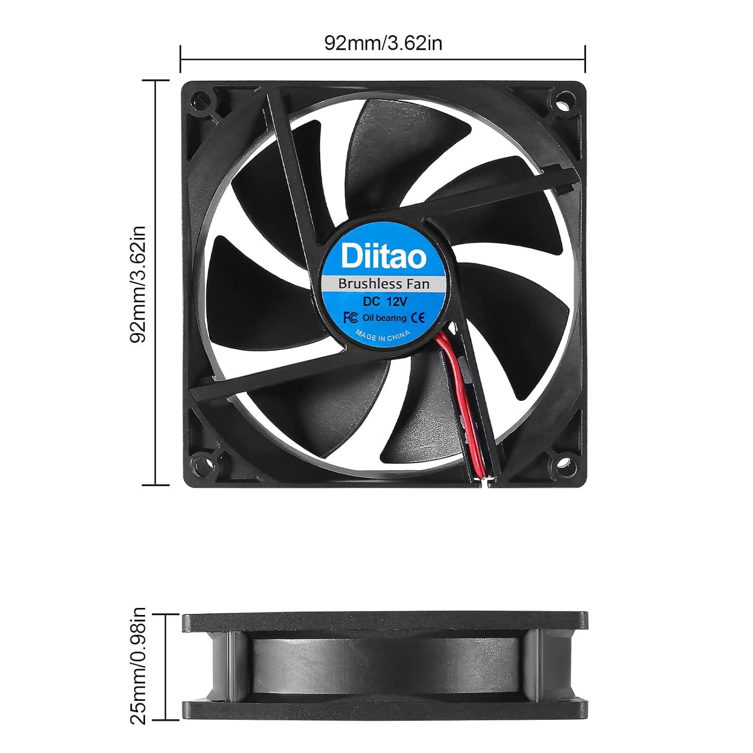 Diitao Diitao 2pcs 9225 12V Brushless DC Cooling Fan 92x92x25mm High Airflow for PC Case CPU Coolers Radiators 2000RPM 2 Pin - View 6 of 9