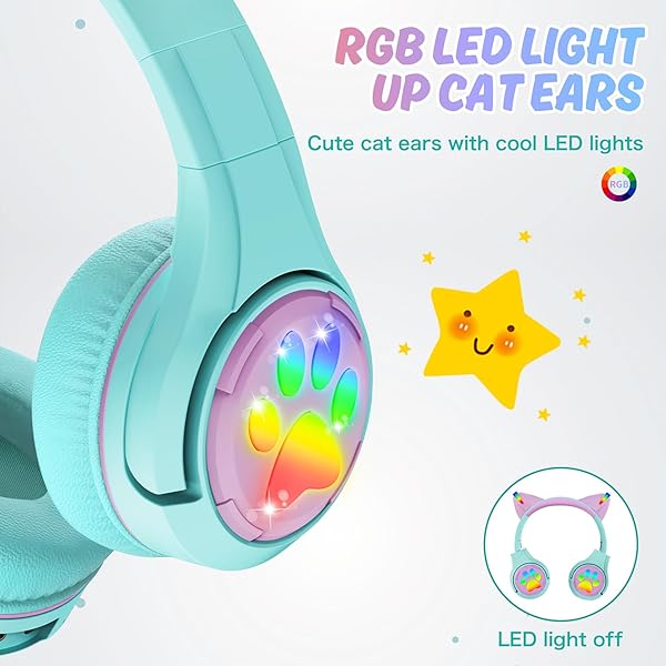 Riwbox Riwbox CF9 Cat Ear Kids Bluetooth Headphones - LED, 85dB Volume Limit, Mic for School & Online Learning (Green) - View 5 of 8