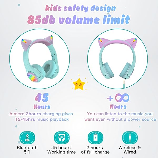 Riwbox Riwbox CF9 Cat Ear Kids Bluetooth Headphones - LED, 85dB Volume Limit, Mic for School & Online Learning (Green) - View 6 of 8