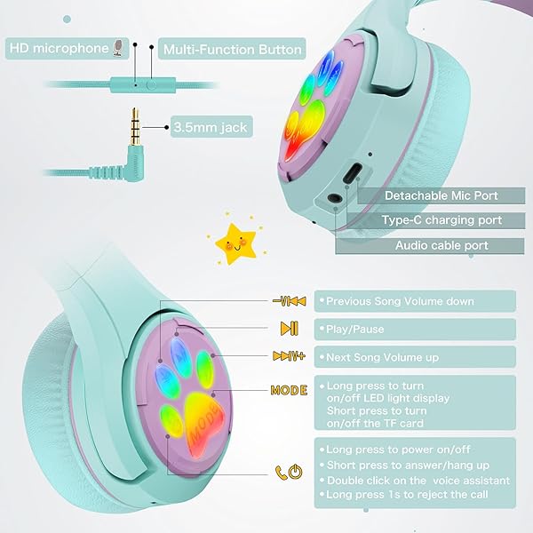 Riwbox Riwbox CF9 Cat Ear Kids Bluetooth Headphones - LED, 85dB Volume Limit, Mic for School & Online Learning (Green) - View 7 of 8