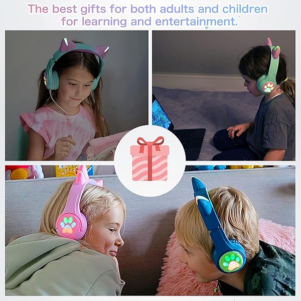 Riwbox Riwbox CF9 Cat Ear Kids Bluetooth Headphones - LED, 85dB Volume Limit, Mic for School & Online Learning (Green) - View 8 of 8
