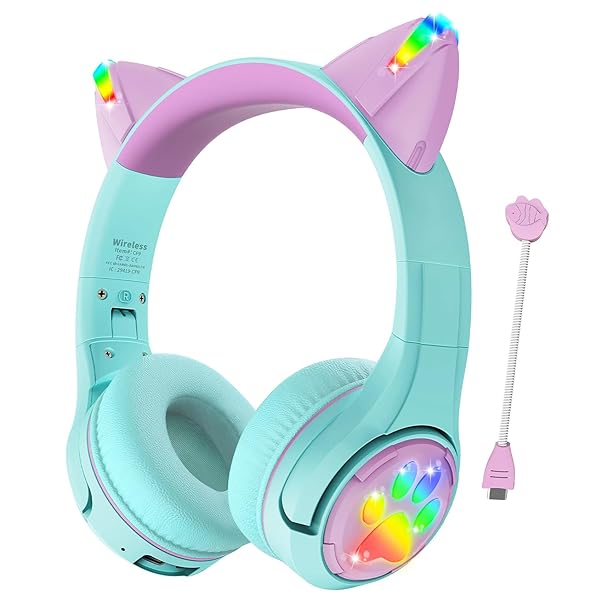 Riwbox Riwbox CF9 Cat Ear Kids Bluetooth Headphones - LED, 85dB Volume Limit, Mic for School & Online Learning (Green) - View 3 of 8