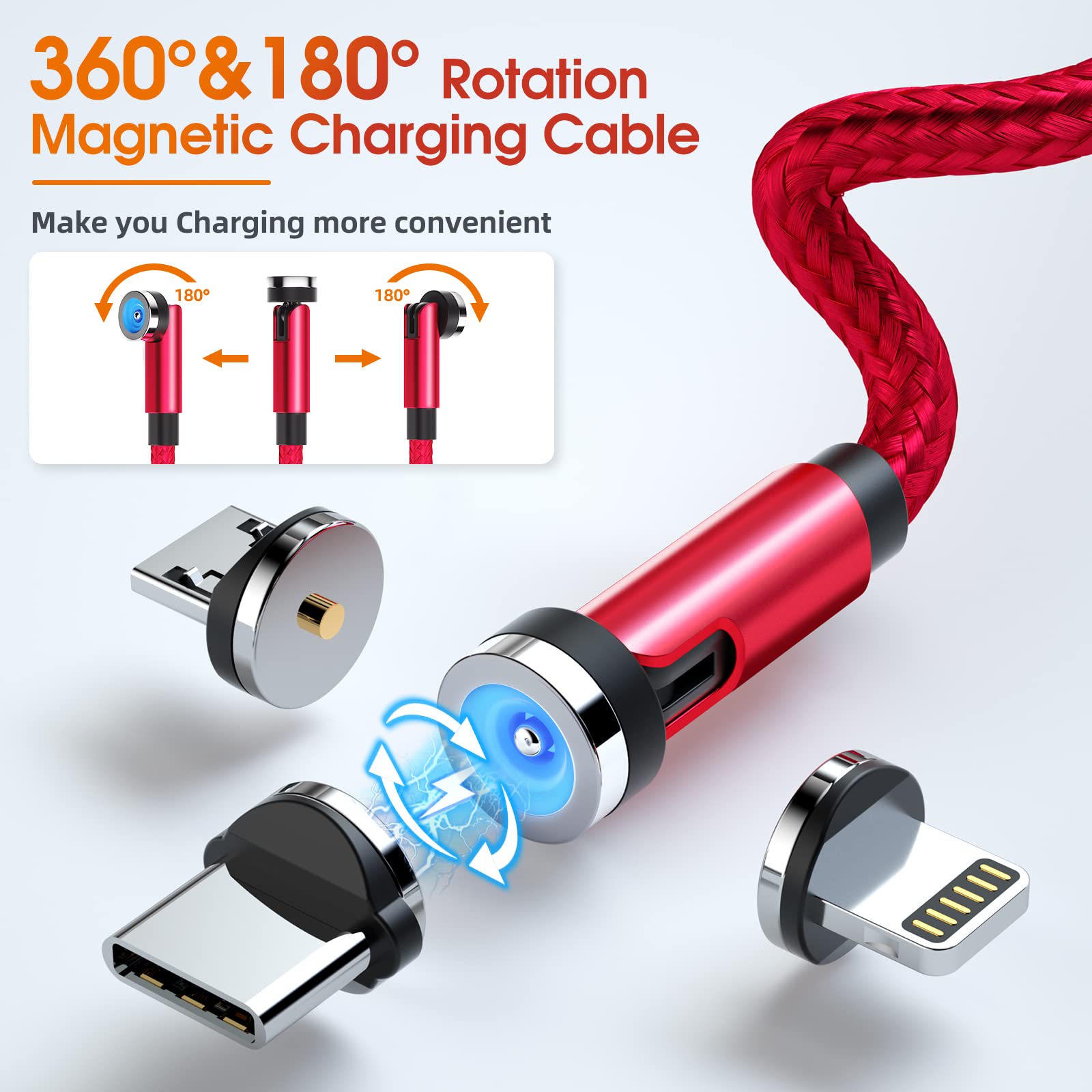 Ankndo Magnetic Charging Cable 3 Pack 10FT 540 Degree Rotating USB Charger with LED Light Nylon Braided for iProduct Micro USB Type C Devices Red - View 2 of 7