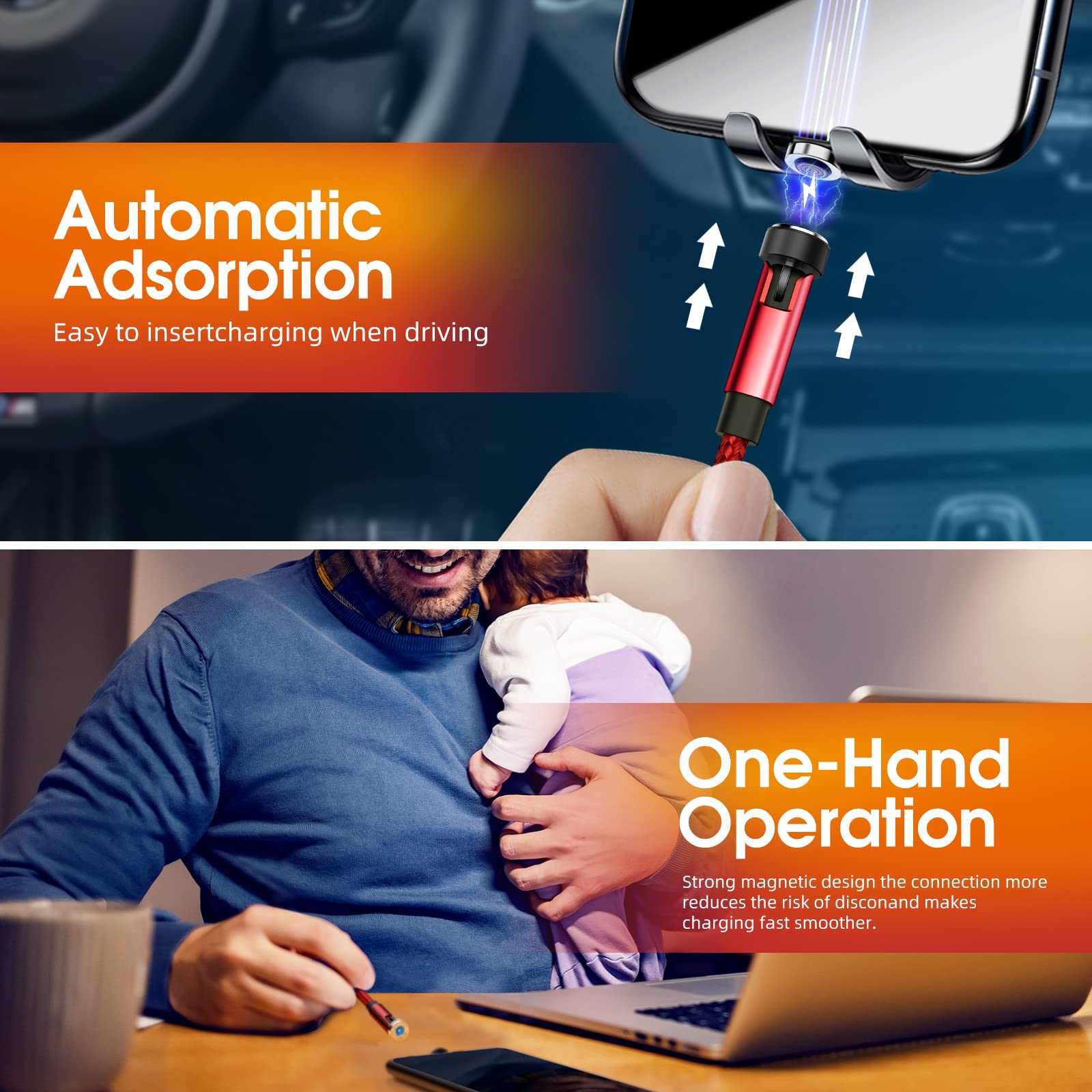 Ankndo Magnetic Charging Cable 3 Pack 10FT 540 Degree Rotating USB Charger with LED Light Nylon Braided for iProduct Micro USB Type C Devices Red - View 3 of 7