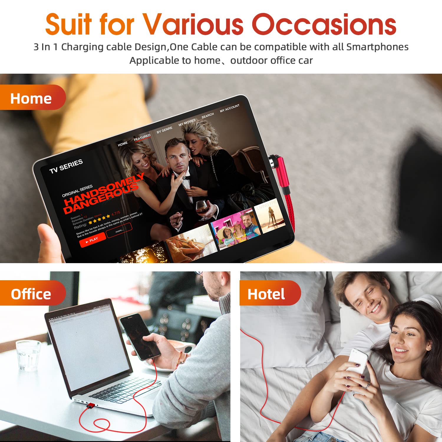 Ankndo Magnetic Charging Cable 3 Pack 10FT 540 Degree Rotating USB Charger with LED Light Nylon Braided for iProduct Micro USB Type C Devices Red - View 7 of 7