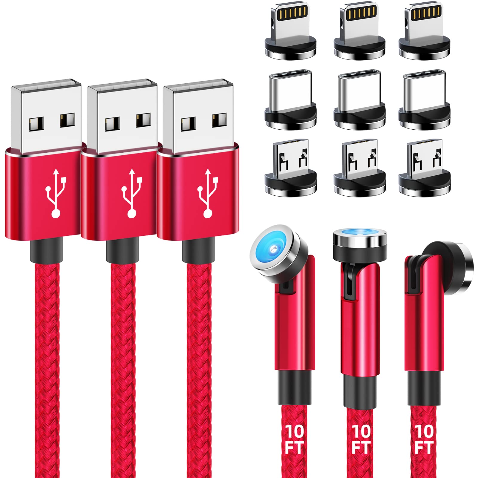 Ankndo Magnetic Charging Cable 3 Pack 10FT 540 Degree Rotating USB Charger with LED Light Nylon Braided for iProduct Micro USB Type C Devices Red