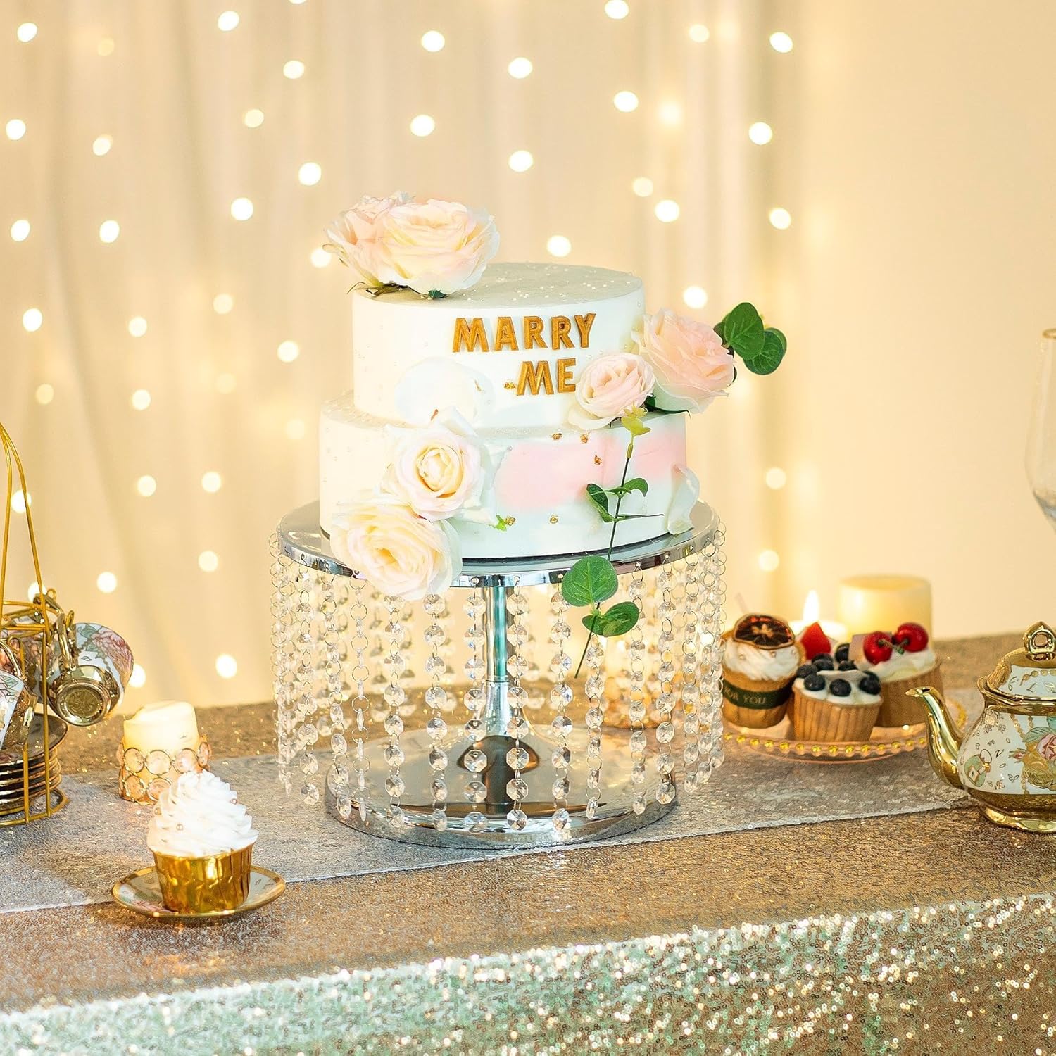 LoveCat 8 Inch Tall Metal Cake Stand with Round Base and Hanging Acrylic Crystals for Weddings Parties Events and Home Decor - View 2 of 8