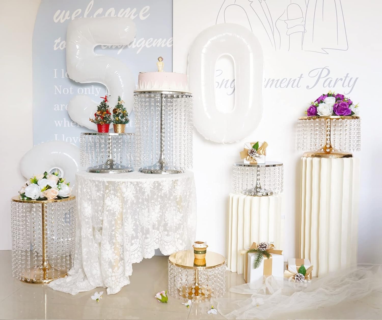 LoveCat 8 Inch Tall Metal Cake Stand with Round Base and Hanging Acrylic Crystals for Weddings Parties Events and Home Decor - View 7 of 8