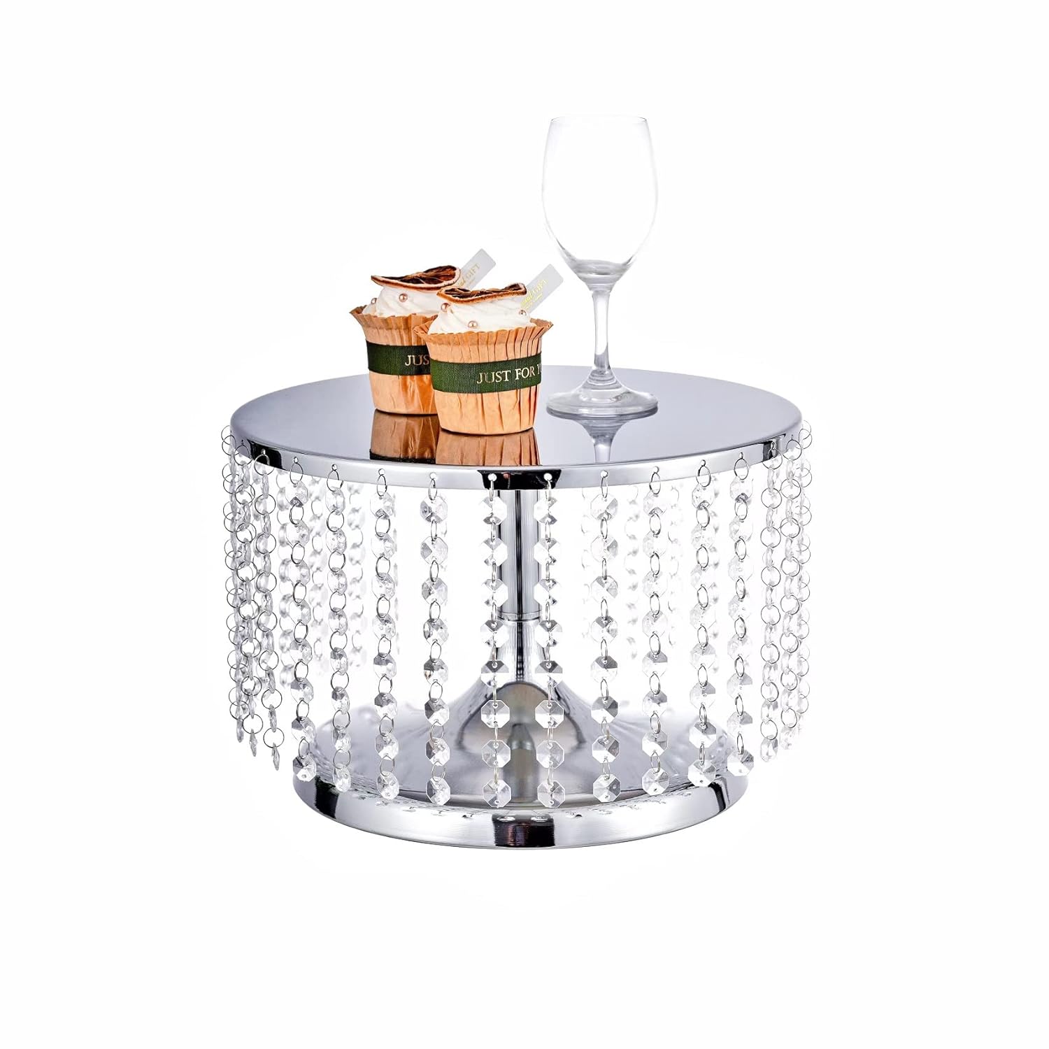 LoveCat 8 Inch Tall Metal Cake Stand with Round Base and Hanging Acrylic Crystals for Weddings Parties Events and Home Decor