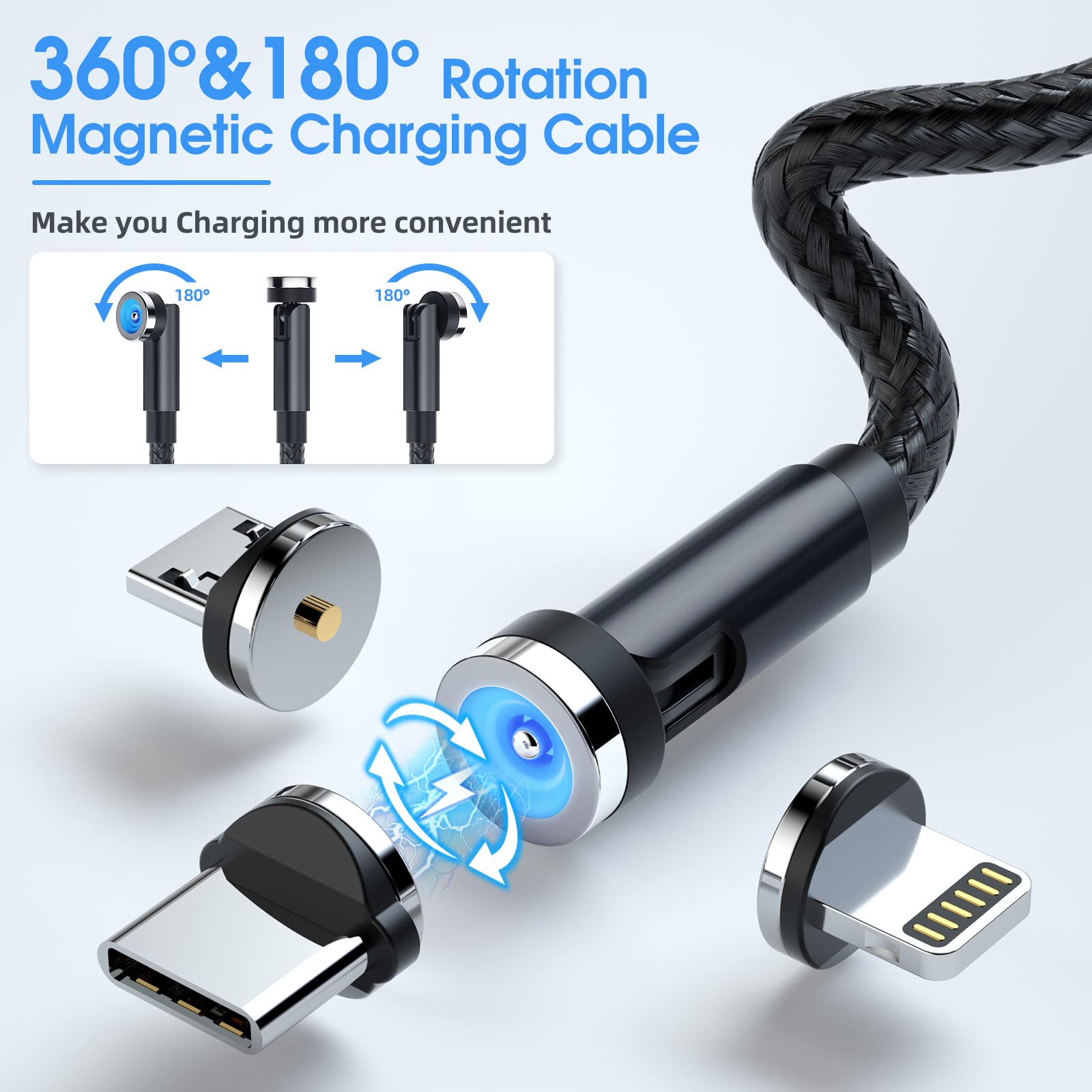 Ankndo Magnetic Charging Cable 3 Pack 10FT 540 Degree Rotating USB Charger with LED Light Nylon Braided for iProduct Micro USB Type C Devices Black - View 2 of 7