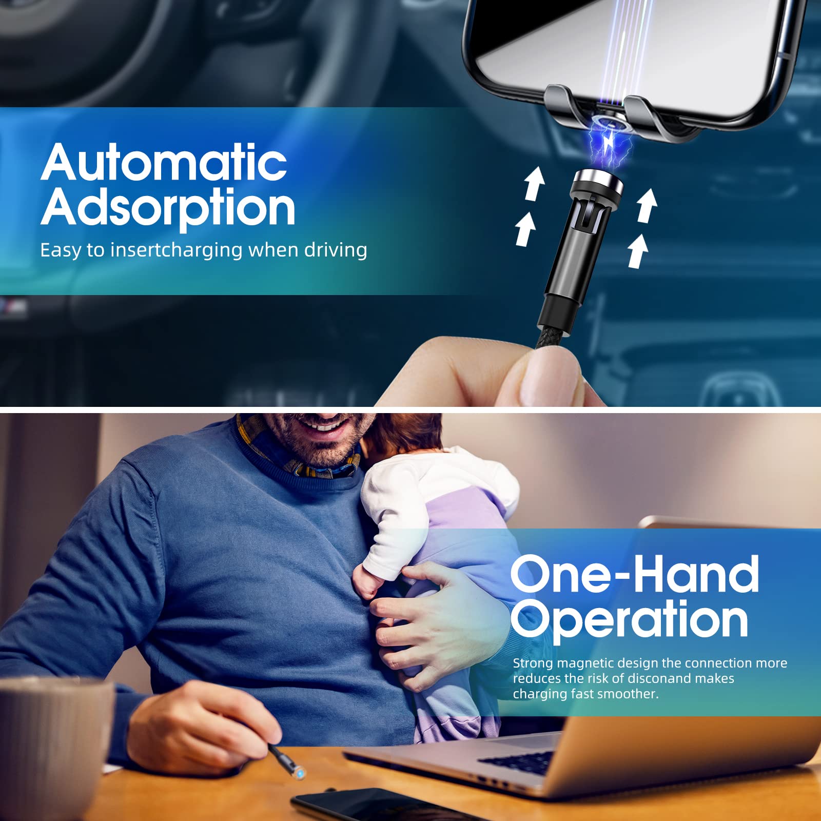 Ankndo Magnetic Charging Cable 3 Pack 10FT 540 Degree Rotating USB Charger with LED Light Nylon Braided for iProduct Micro USB Type C Devices Black - View 3 of 7