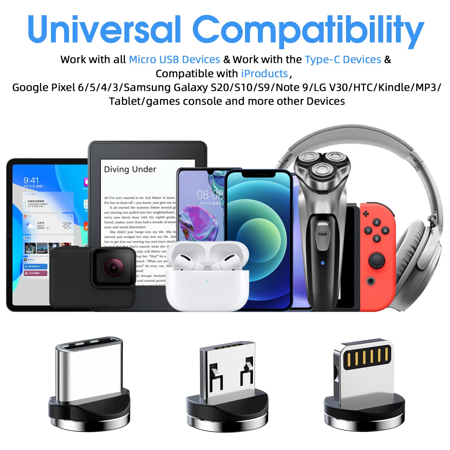 Ankndo Magnetic Charging Cable 3 Pack 10FT 540 Degree Rotating USB Charger with LED Light Nylon Braided for iProduct Micro USB Type C Devices Black - View 6 of 7