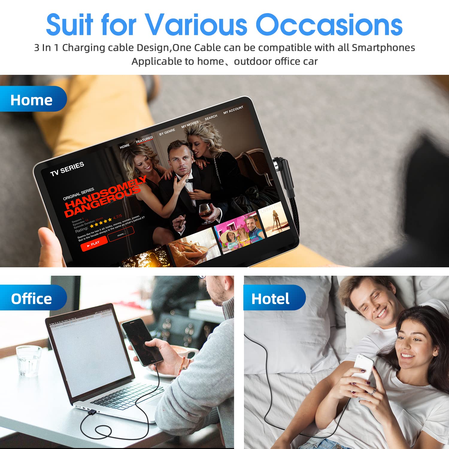 Ankndo Magnetic Charging Cable 3 Pack 10FT 540 Degree Rotating USB Charger with LED Light Nylon Braided for iProduct Micro USB Type C Devices Black - View 7 of 7