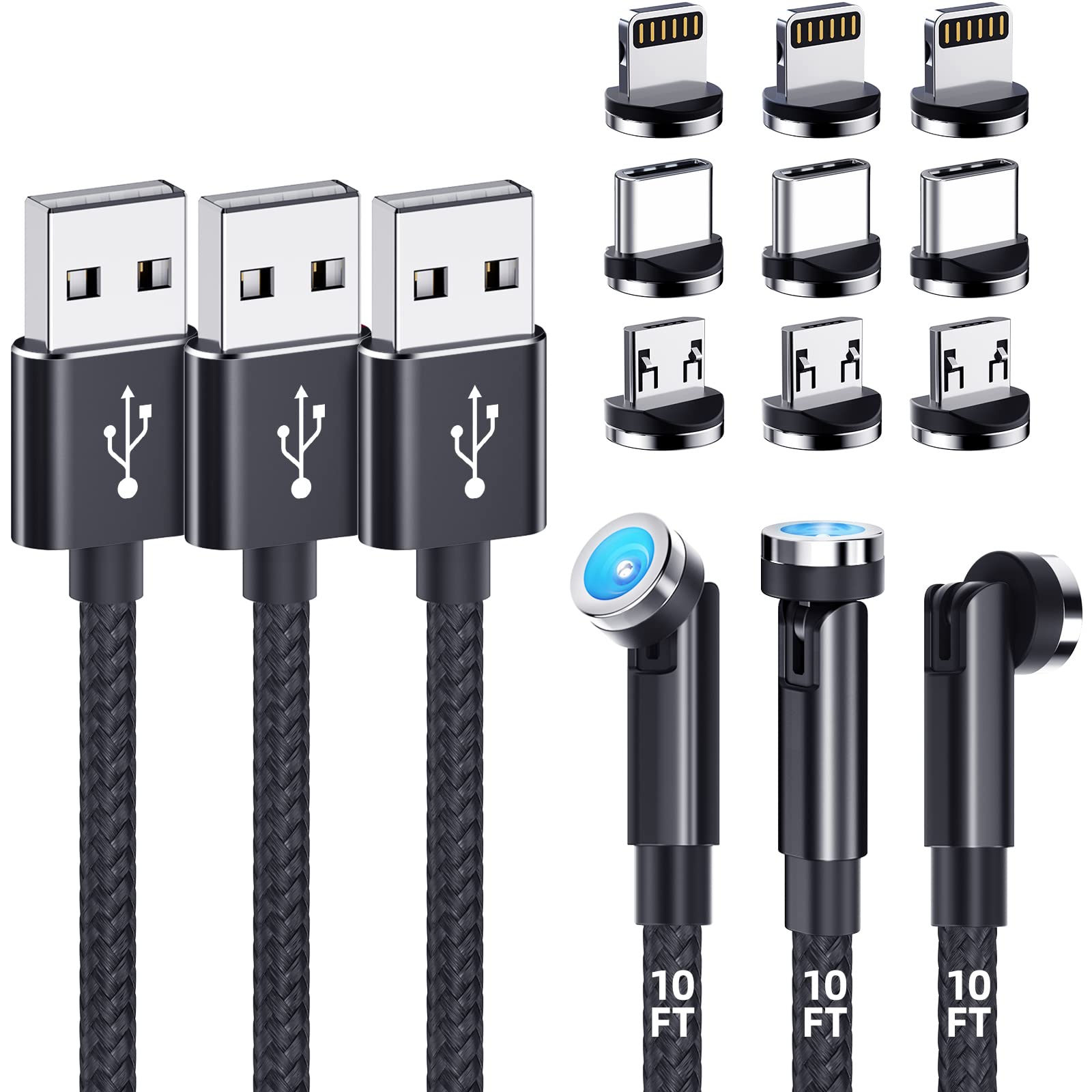 Ankndo Magnetic Charging Cable 3 Pack 10FT 540 Degree Rotating USB Charger with LED Light Nylon Braided for iProduct Micro USB Type C Devices Black