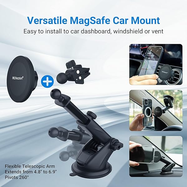 PROfezzion PROfezzion Magnetic Phone Holder for Car: Suction Cup & Vent Clip for iPhone 16/15/14/13 Pro Max & All Phones - View 5 of 10