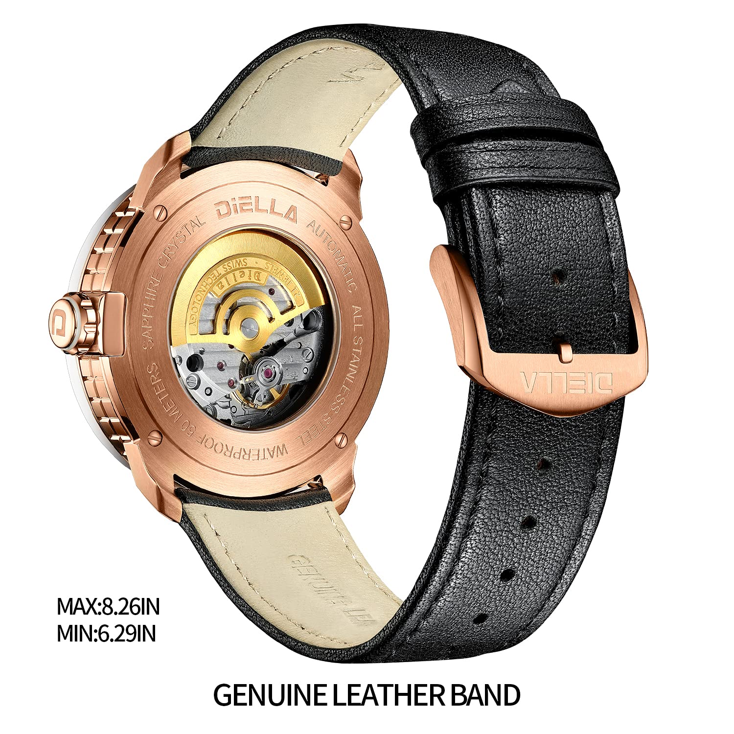 Diella Automatic Men's Black Leather Mechanical Waterproof Luminous Analog Watch with Date Model AD6029 for Outdoor Activities - View 3 of 8