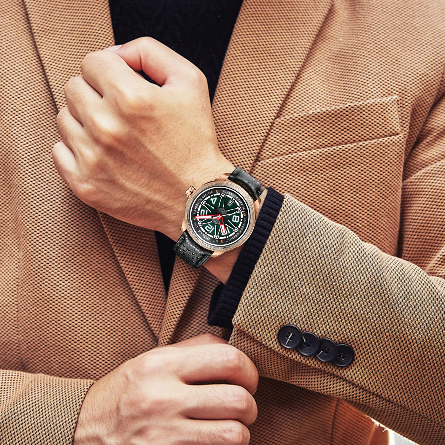 Diella Automatic Men's Black Leather Mechanical Waterproof Luminous Analog Watch with Date Model AD6029 for Outdoor Activities - View 5 of 8