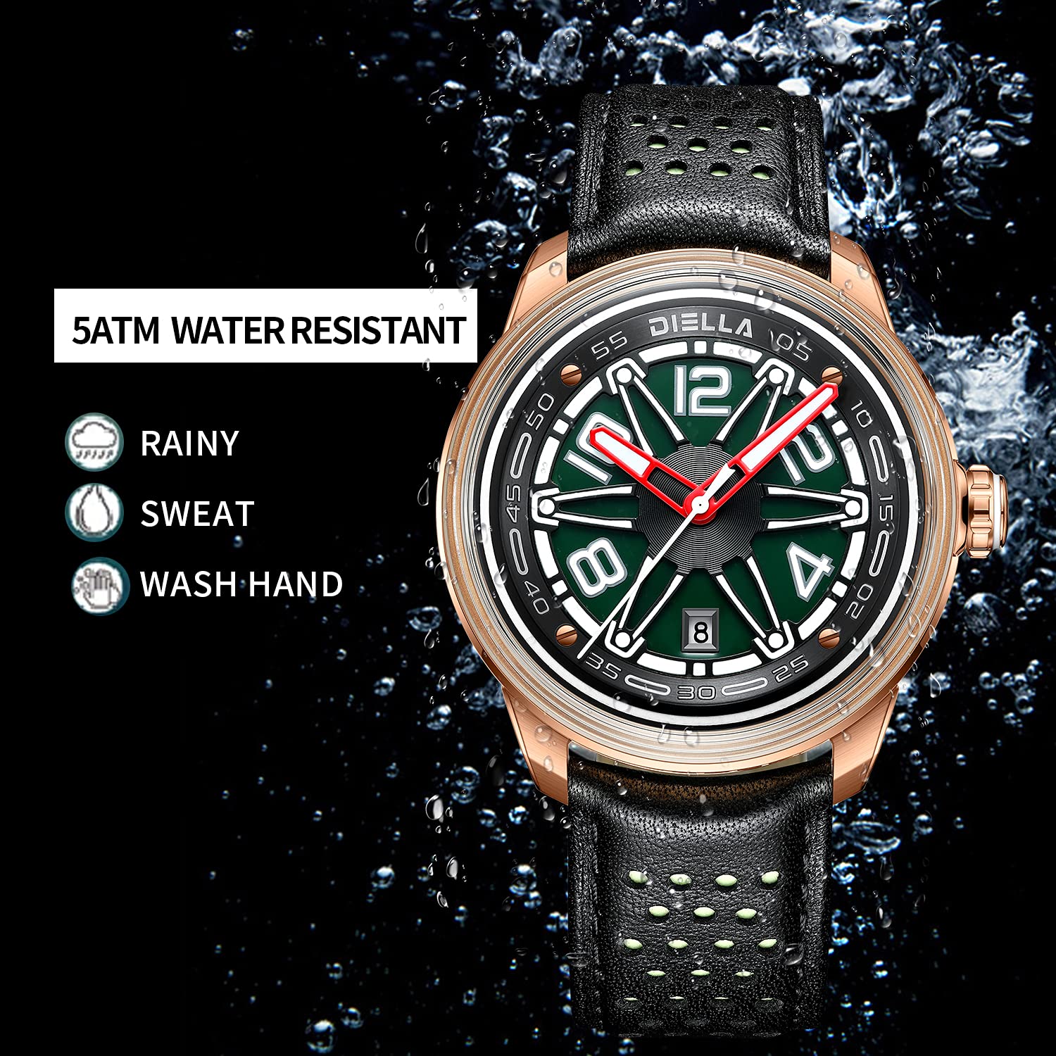 Diella Automatic Men's Black Leather Mechanical Waterproof Luminous Analog Watch with Date Model AD6029 for Outdoor Activities - View 7 of 8