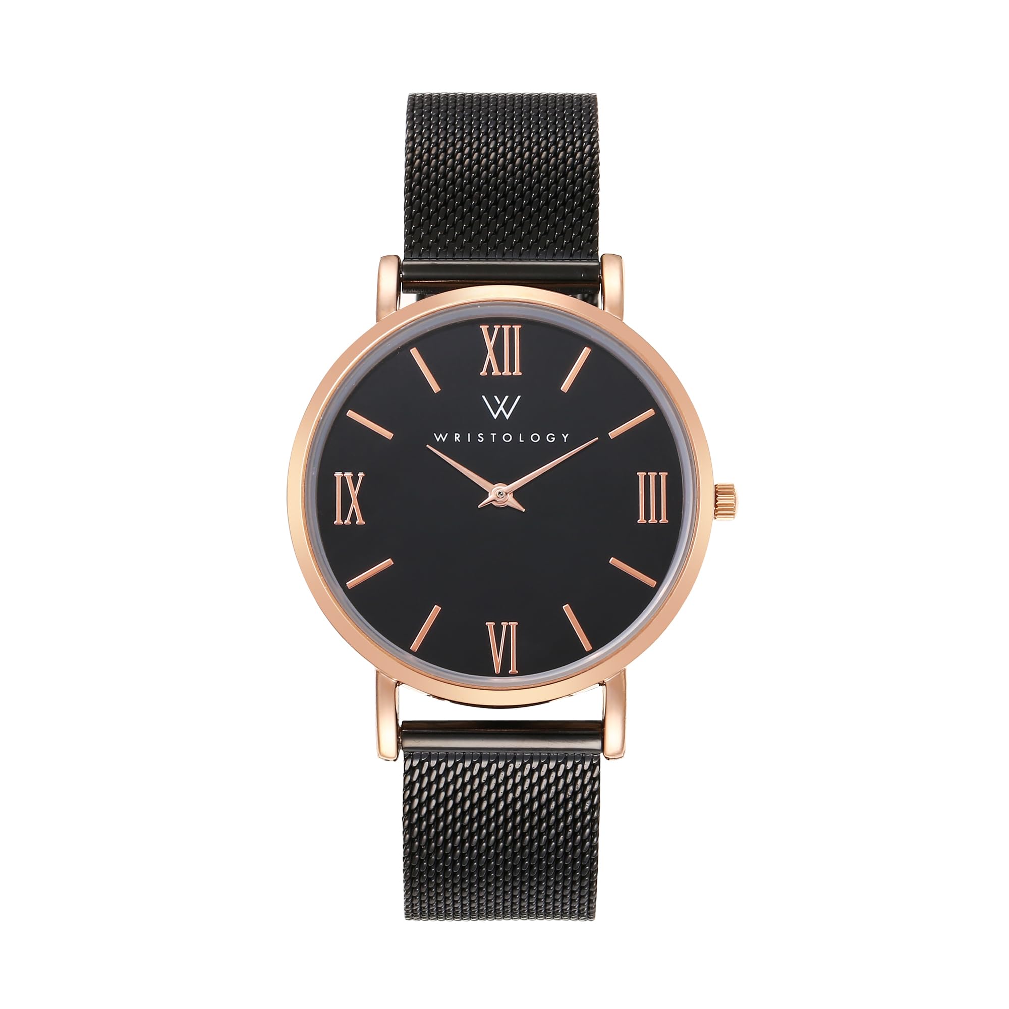 Wristology Easy Change Band Large Black Face Roman Numerals Boyfriend Womens Gold Watch - Interchangeable Metal Mesh Milanese Band Strap - Large Easy