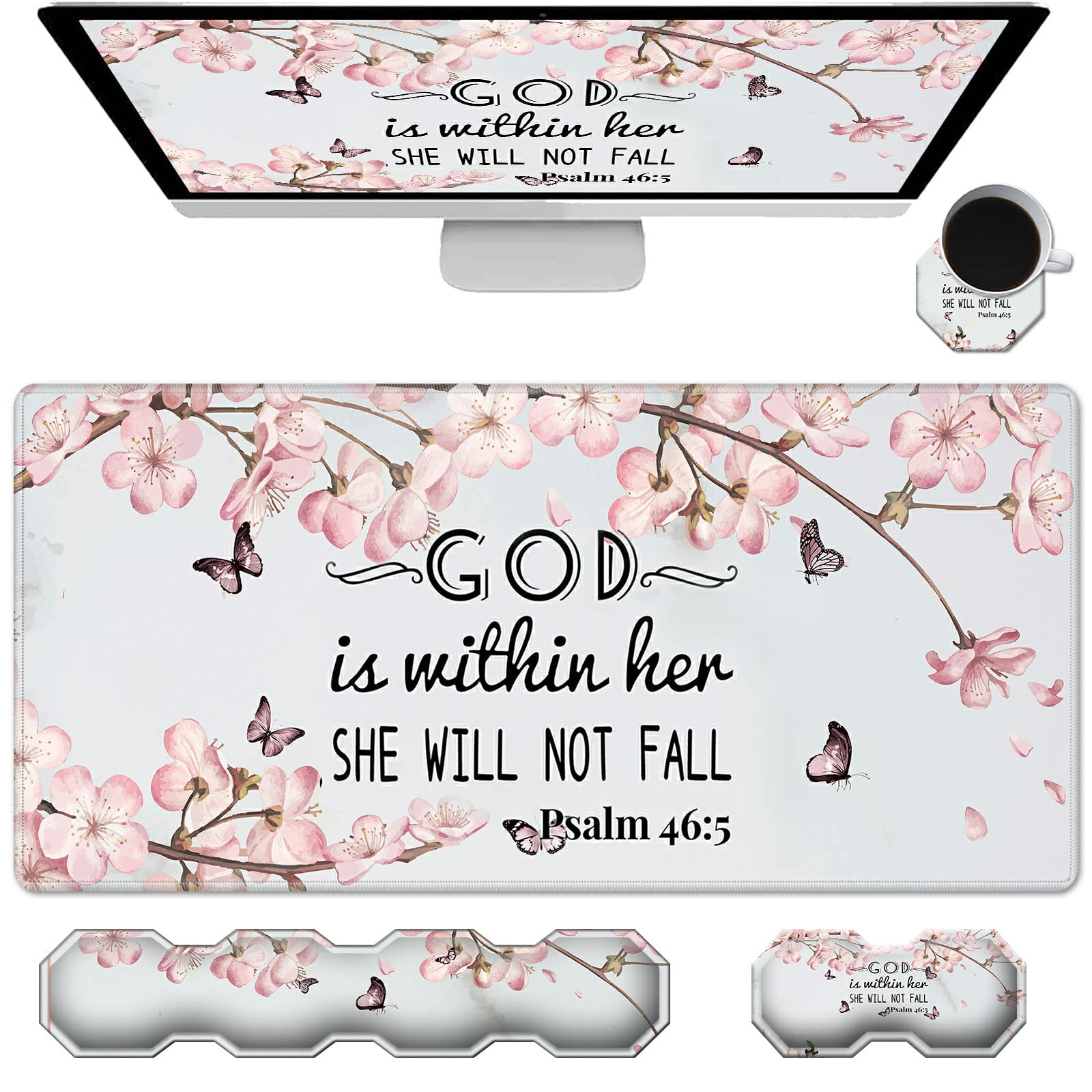 CGFGHHUY Gaming Mouse Pad Wrist Support and Desk Mat(35.4" x 15.7") and Keyboard Wrist Rest and Coasters 4 Pcs Set with Memory Foam Ergonomic Easy