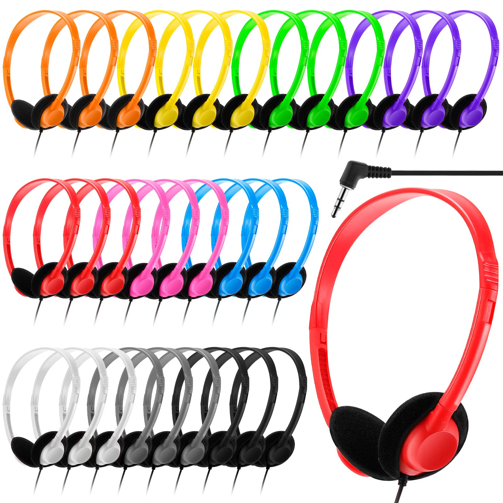 Yunsailing 30 Pack Bulk Headphones Set Over Ear Headphones with Adjustable Headband 3.5mm Plug Headsets Earphones for Learning Program, Computer Lab,