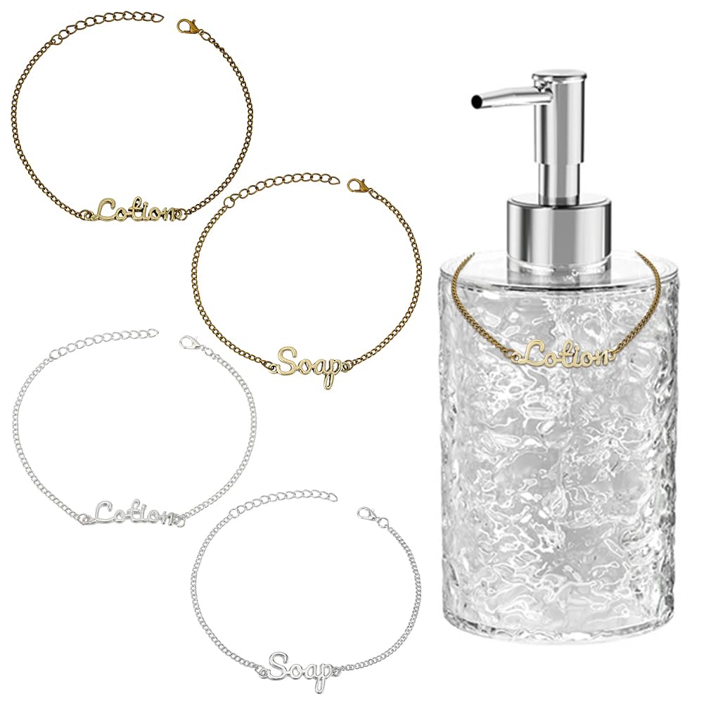 OLYCRAFT 4 Pcs Soap Chain Labels Lotion and Soap Dispenser Chain Labels Gold Silver Soap Tags Lotion Bottle Tags for Farmhouse Rustic Decor Bathroom