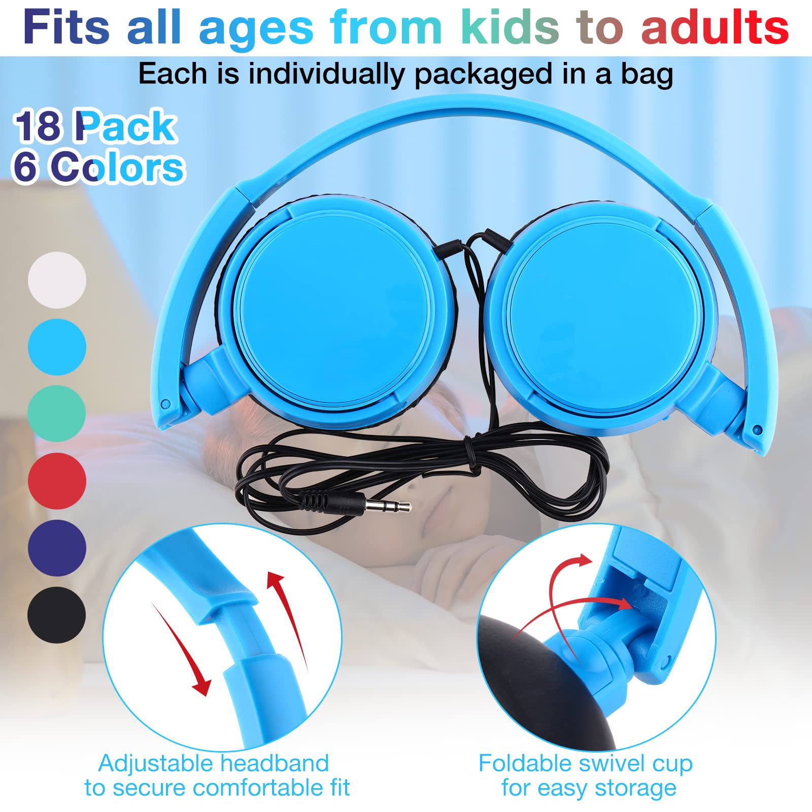 Yunsailing Yunsailing 18 Pack Classroom Headphones Bulk Wired Set for Kids School Adjustable Over Ear Earbuds Multicolor - View 2 of 7