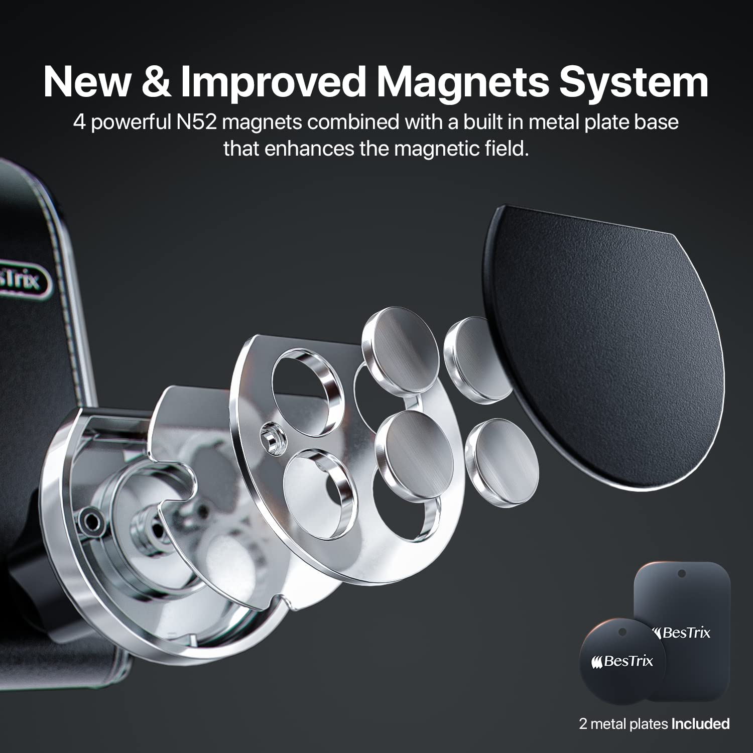 Bestrix Premium Magnetic Phone Mount for Car Car Phone Holder Mount [Powerful Magnets and Upgraded Suction] Fits All Cars, Installs in Seconds Holds - View 3 of 6