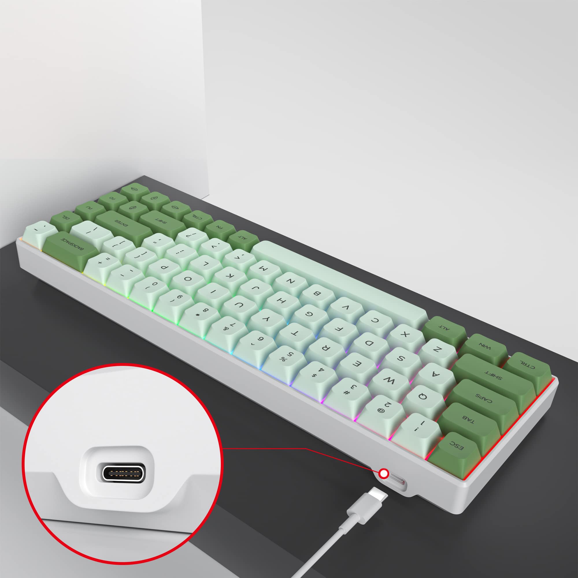 Owpkeenthy Wired 65% Percent Mechanical Gaming Keyboard Creamy Keycaps with Red Switch Ultra Compact RGB 60% Cute Green Gaming Keyboard N-Key - View 7 of 7