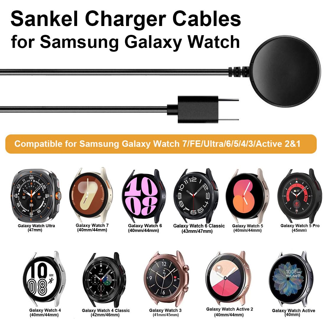 [2 Pack] Sankel Charger Compatible for Samsung Galaxy Watch 8 8 Classic Ultra FE 7 6 6 Classic 5 5 Pro 4 4 Classic 3 Active 2 Active, Replacement - View 2 of 7