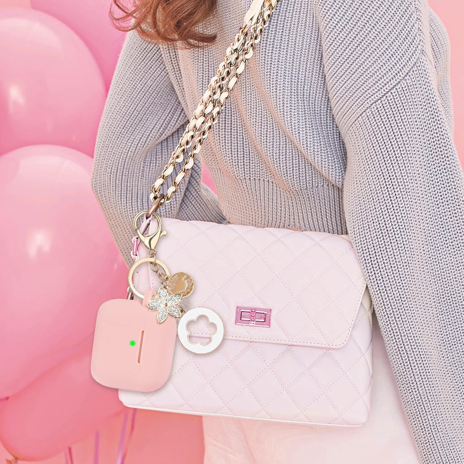 VISOOM VISOOM Pink Silicone Case for Airpods Pro 2nd Generation Wireless Charging Cover with Bling Keychain for Women and Girls - View 6 of 9