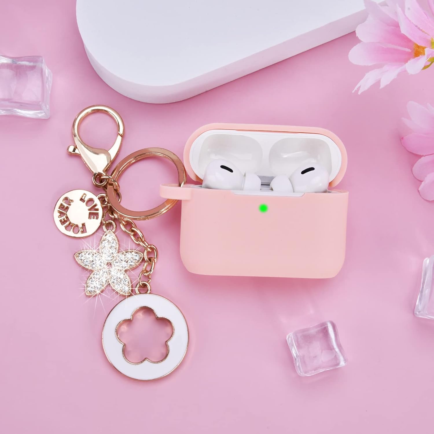 VISOOM VISOOM Pink Silicone Case for Airpods Pro 2nd Generation Wireless Charging Cover with Bling Keychain for Women and Girls - View 7 of 9