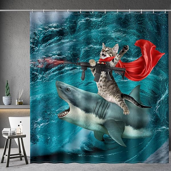 Aimego Funny Shark Cat Shower Curtain Cute Cat Riding Shark Ocean Decor 72x72 with 12 Hooks for Adults Bathroom Accessories Blue Red
