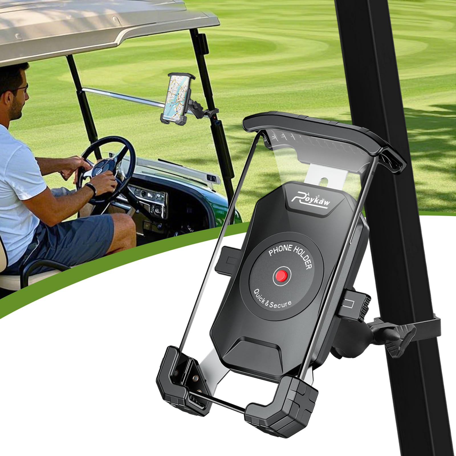 Roykaw Golf Cart Phone Mount Holder Compatible with EZGO Club Car Yamaha, Upgrade Quick Release and One-Touch Lock, Compatible with iPhone Galaxy