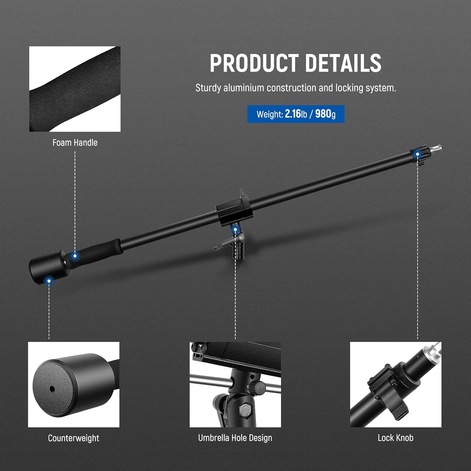 NEEWER NEEWER Tripod Boom Arm 35 to 61 inches with Counterweight Sandbag Compatible with Softbox Studio Light Flash Umbrella Ring Light Max Load 5kg - View 4 of 8