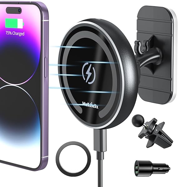 MAGJIEYX Magnetic Wireless Car Charger for iPhone 12 13 Mini Pro Max Auto Alignment Air Vent Dashboard Holder with 36W Fast Charger Dark Black
