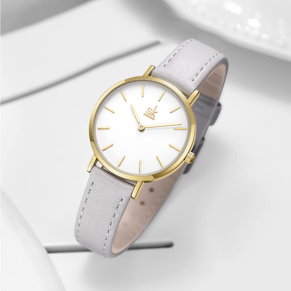 SHENGKE SK Ultra Thin Minimalist Women Watch Simple Two Hands Ladies Dress Watch with Grey Leather Strap - View 4 of 7