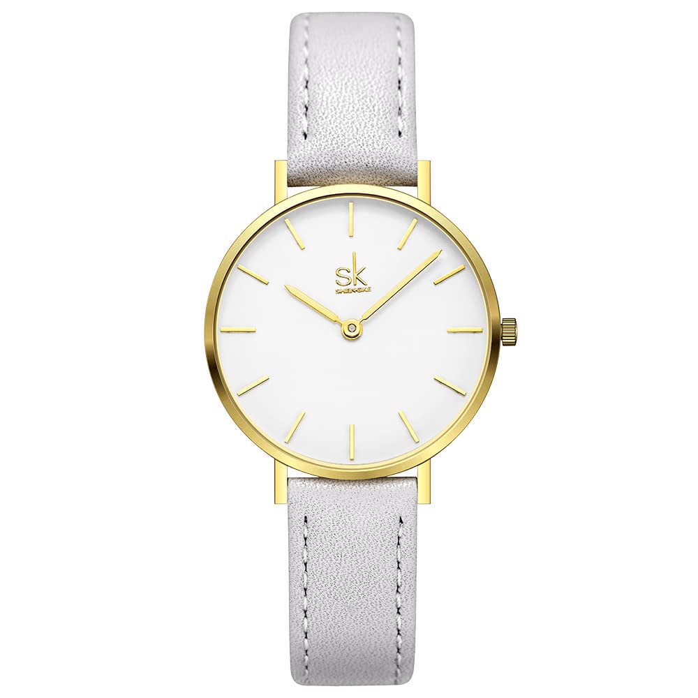 SHENGKE SK Ultra Thin Minimalist Women Watch Simple Two Hands Ladies Dress Watch with Grey Leather Strap