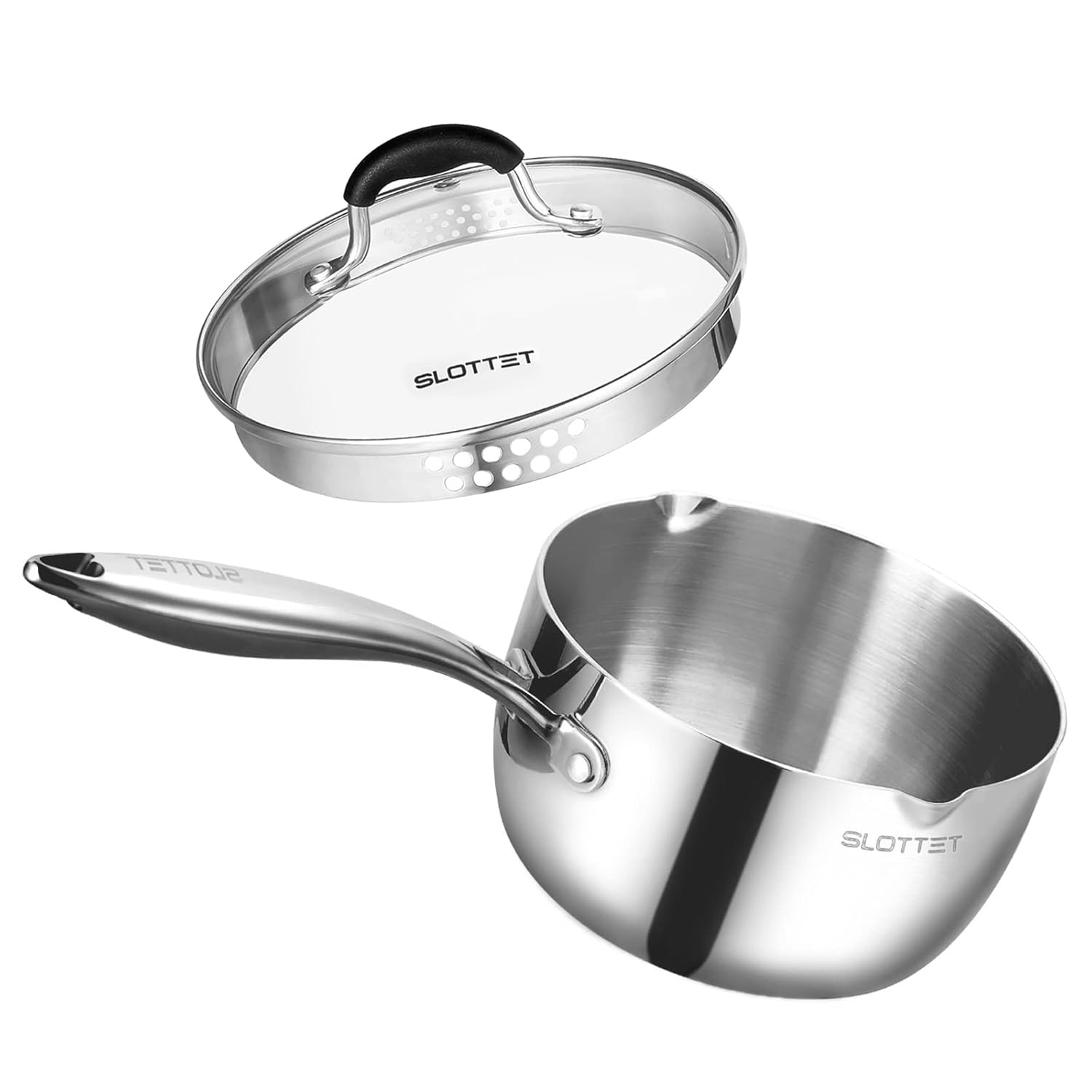 SLOTTET Tri-Ply Whole-Clad Stainless Steel Sauce Pan 2.5 Quart with Pour Spout and Strainer Glass Lid for Cooking and Pasta