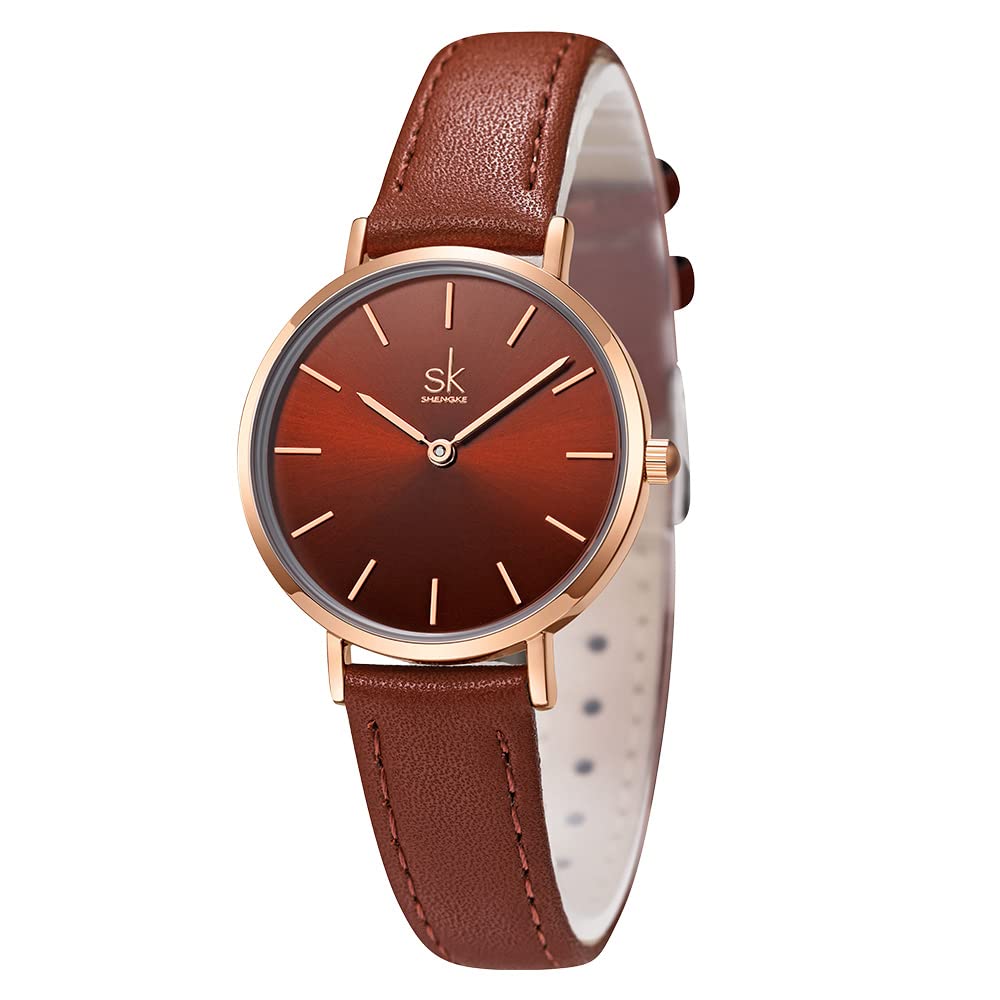 SHENGKE SHENGKE SK Ultra Thin Minimalist Women Watch Simple Two Hands Leather Strap Coffee Color Dress Watch - View 2 of 7