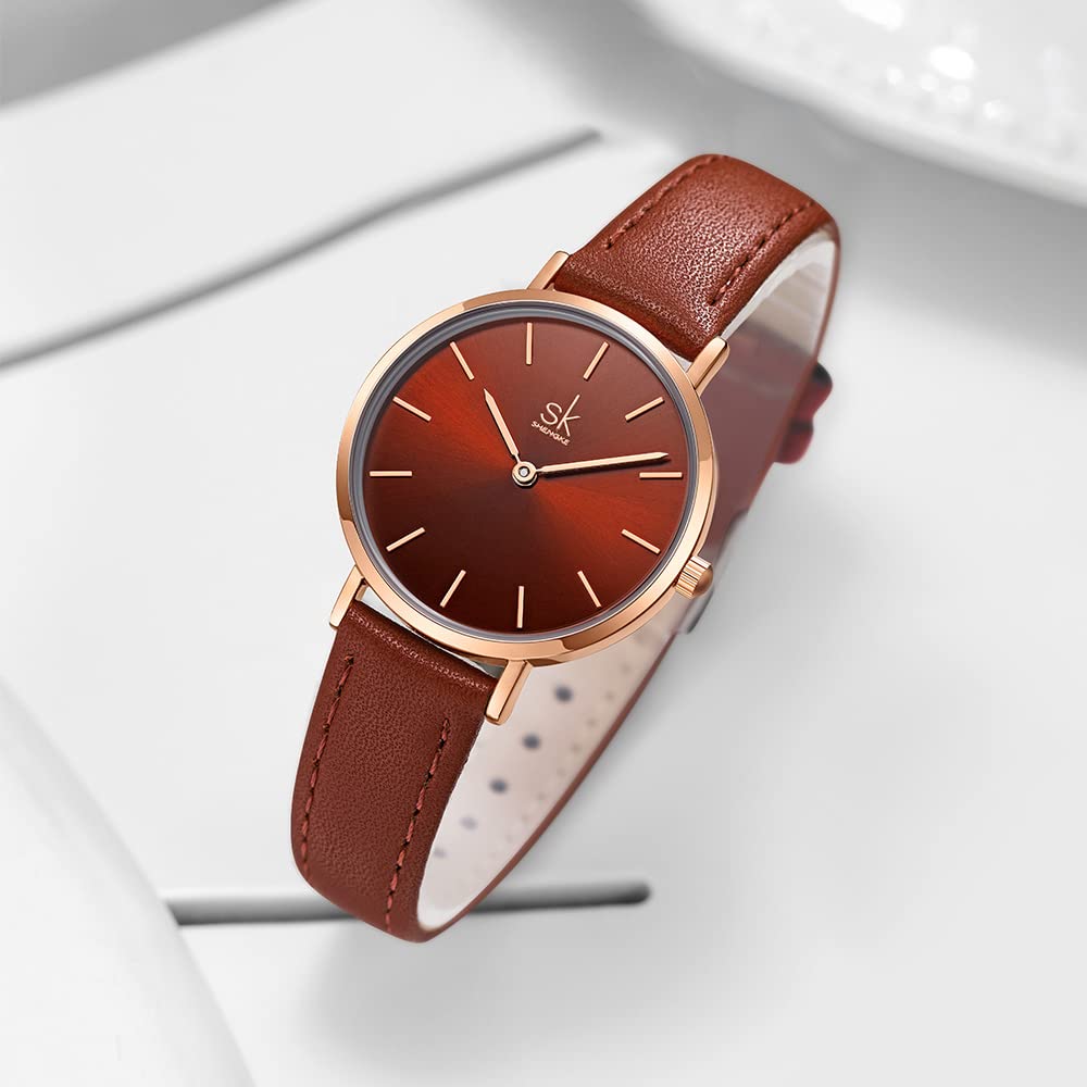 SHENGKE SHENGKE SK Ultra Thin Minimalist Women Watch Simple Two Hands Leather Strap Coffee Color Dress Watch - View 3 of 7