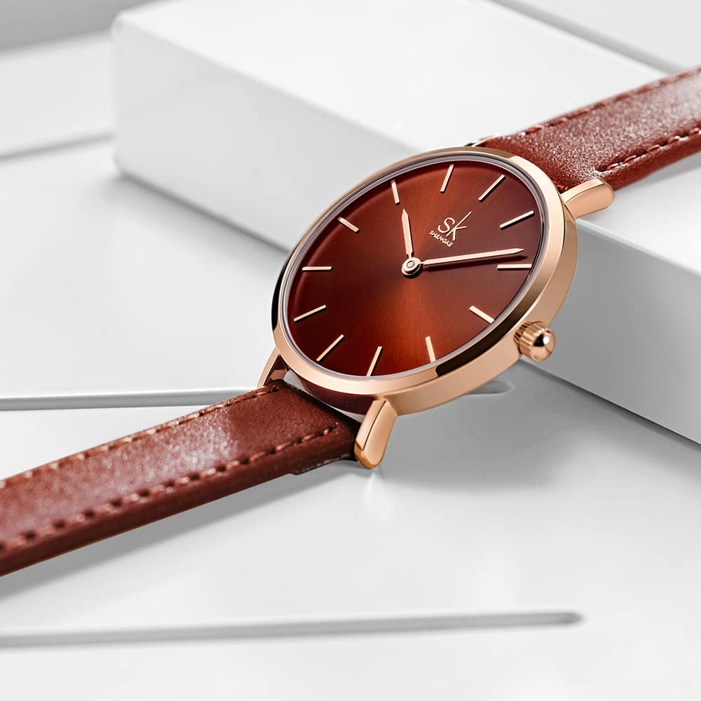 SHENGKE SHENGKE SK Ultra Thin Minimalist Women Watch Simple Two Hands Leather Strap Coffee Color Dress Watch - View 4 of 7