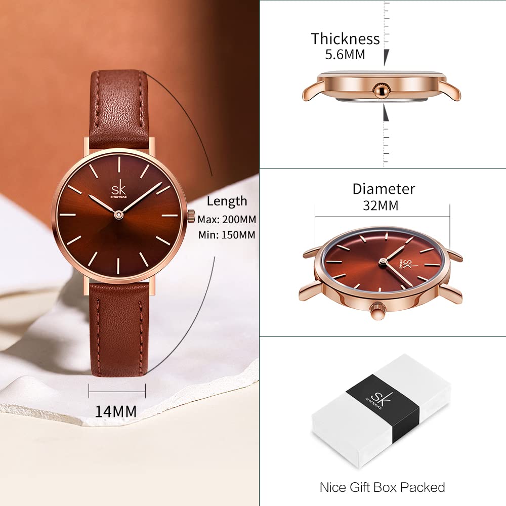 SHENGKE SHENGKE SK Ultra Thin Minimalist Women Watch Simple Two Hands Leather Strap Coffee Color Dress Watch - View 6 of 7