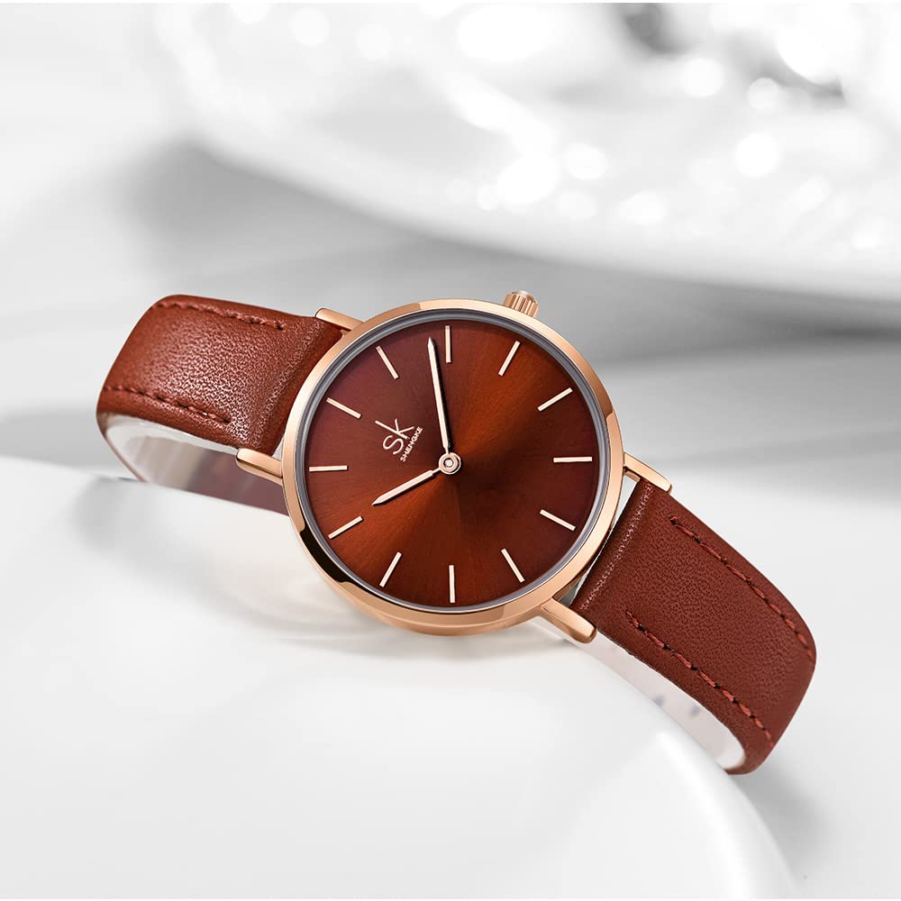 SHENGKE SHENGKE SK Ultra Thin Minimalist Women Watch Simple Two Hands Leather Strap Coffee Color Dress Watch - View 7 of 7