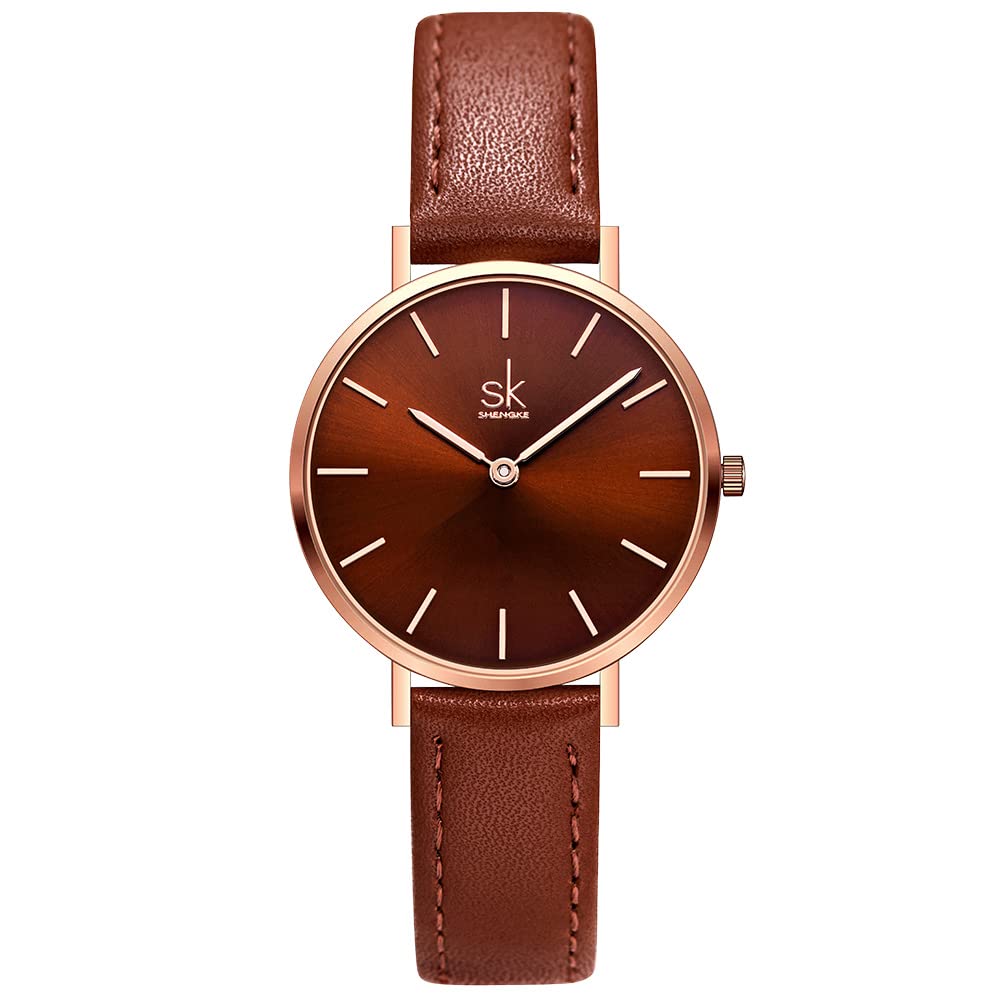 SHENGKE SHENGKE SK Ultra Thin Minimalist Women Watch Simple Two Hands Leather Strap Coffee Color Dress Watch