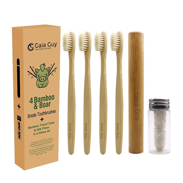 Gaia Guy Gaia Guy Eco-Friendly Bamboo and Boar Bristle Toothbrush Set with Travel Case and Silk Dental Floss 100% Compostable 4 Pack