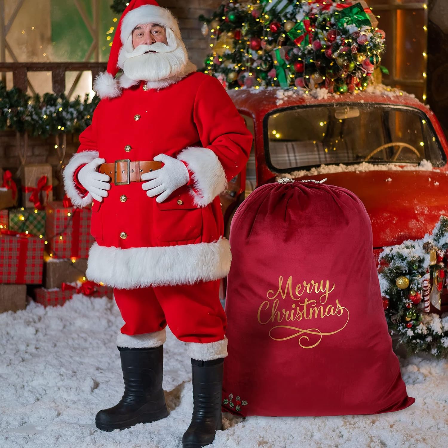 Hillban Hillban Extra Large Santa Gift Sack 36 x 27 Inch Velvet Drawstring Bag for Christmas Presents Toys Storage Holiday Decor Red - View 2 of 7