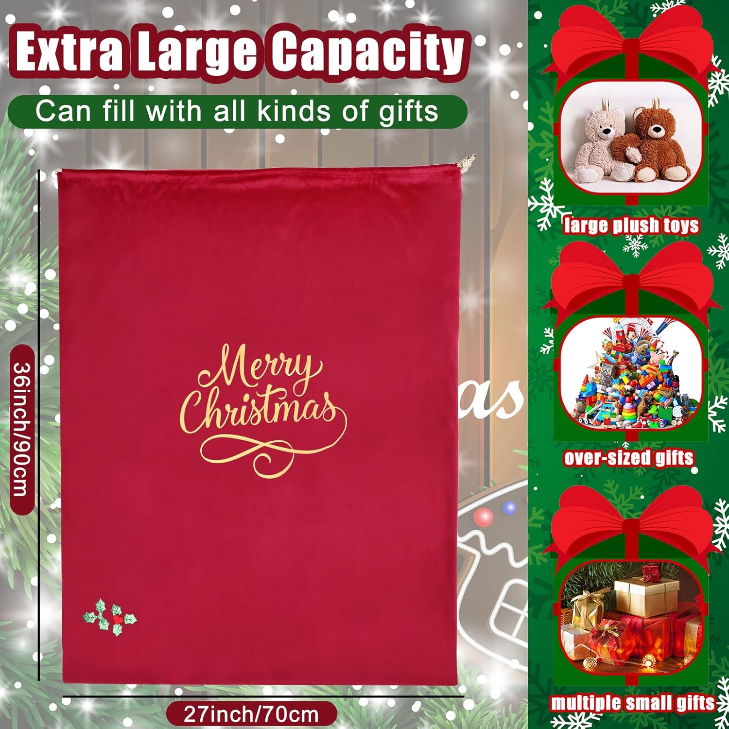 Hillban Hillban Extra Large Santa Gift Sack 36 x 27 Inch Velvet Drawstring Bag for Christmas Presents Toys Storage Holiday Decor Red - View 3 of 7
